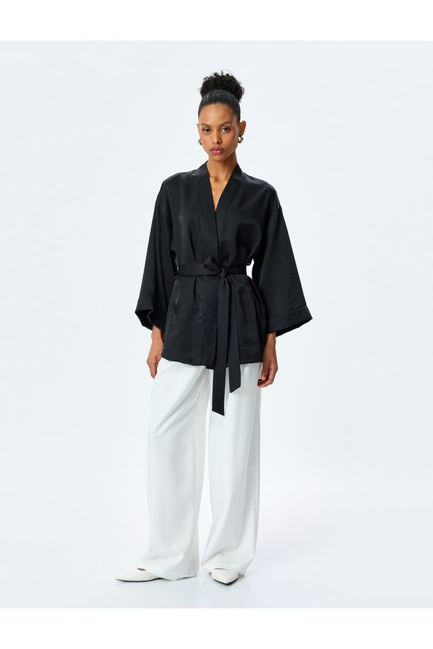 Viscose Loose Fit Long Wide Sleeve Belted Shawl Neck Kimono