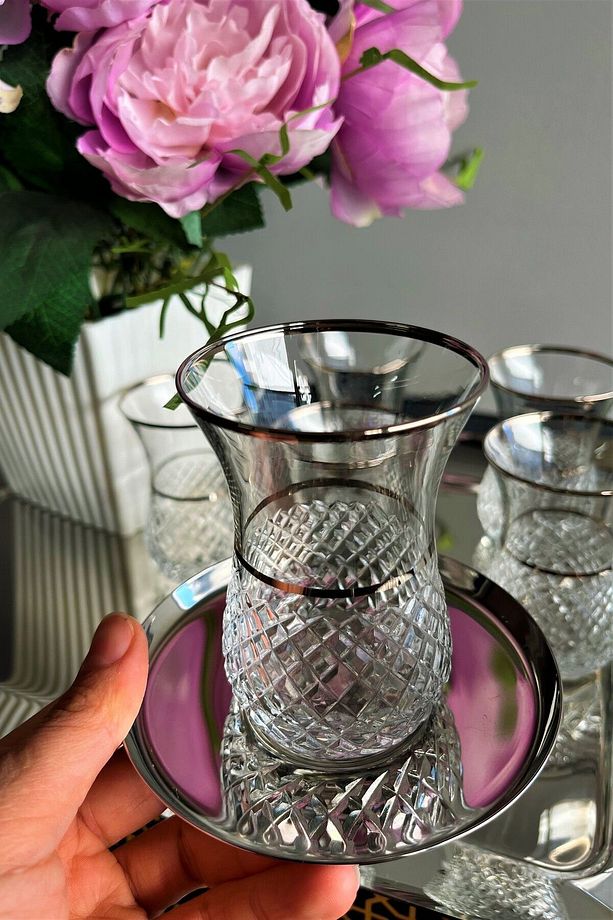 Kare Dekor Gümüş Ajda 6 Adet Çay Bardağı Paşabahçe 160 Cc - 5