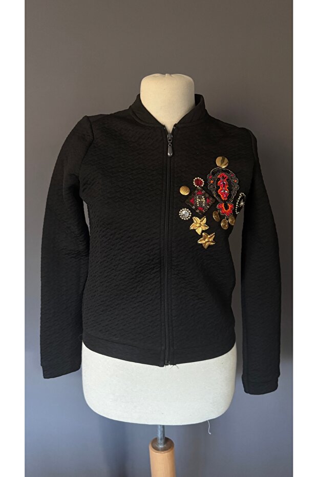 İşlemeli Siyah Bomber Ceket - 5