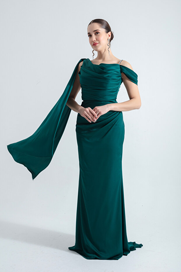 Women's Emerald Green One-Shoulder Stone Strap Long Satin Evening Dress