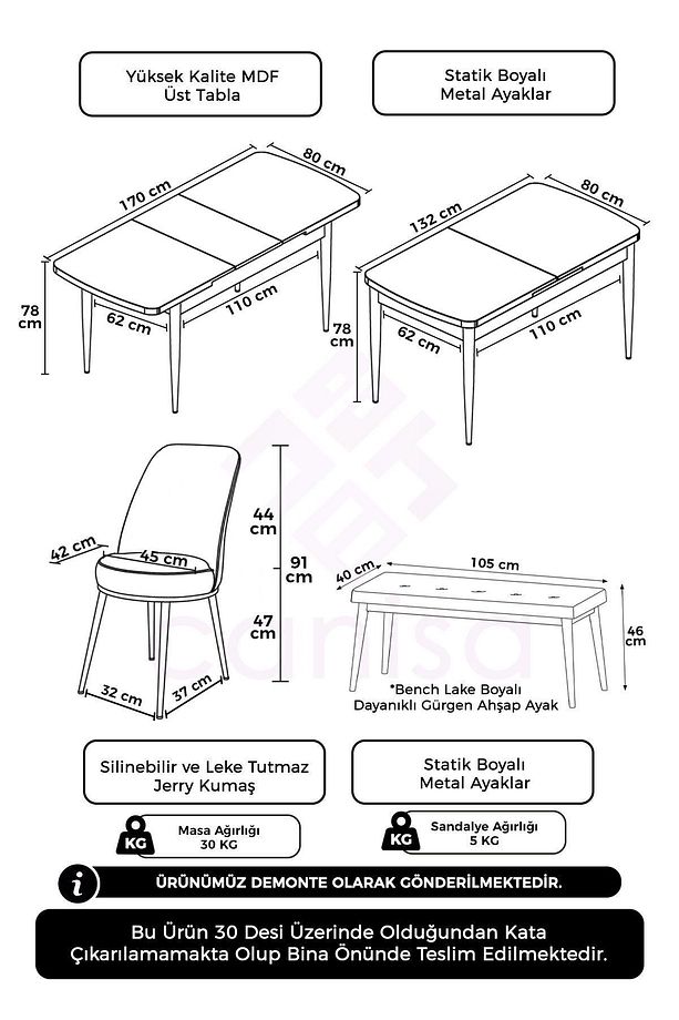Zen Serisi 80x132 Mdf Açılabilir Barok Ahşap Desen Masa Takımı 4 Füme Sandalye Ve 1 Bench - 7