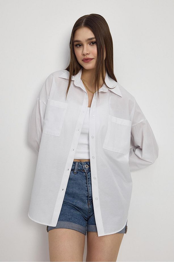 Beyaz Çift Cepli Oversize Uzun Basic Gömlek - Tcr-6256a - 6