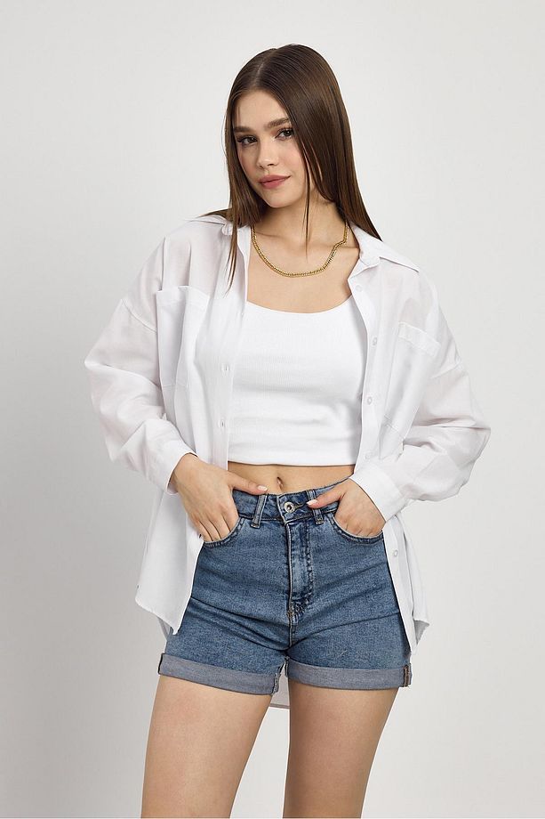 Beyaz Çift Cepli Oversize Uzun Basic Gömlek - Tcr-6256a - 3