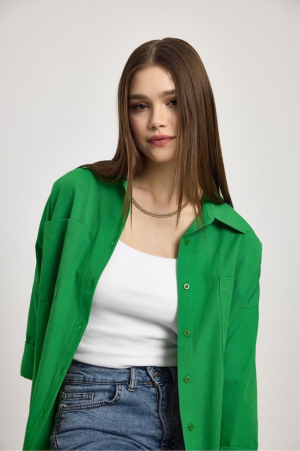 Benetton Yeşili Çift Cepli Oversize Uzun Basic Gömlek - Tcr-6256a - 4