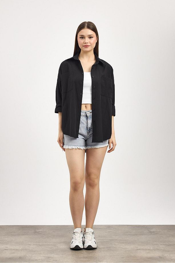 Siyah Çift Cepli Oversize Uzun Basic Gömlek - Tcr-6256a - 8