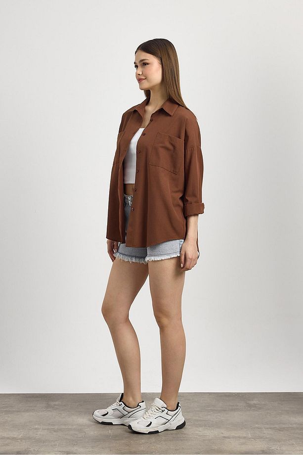 Kahve Çift Cepli Oversize Uzun Basic Gömlek Tcr 6256a - 2