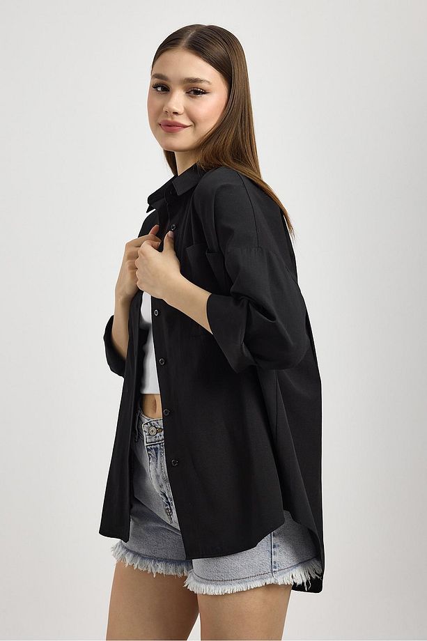 Siyah Çift Cepli Oversize Uzun Basic Gömlek - Tcr-6256a - 6