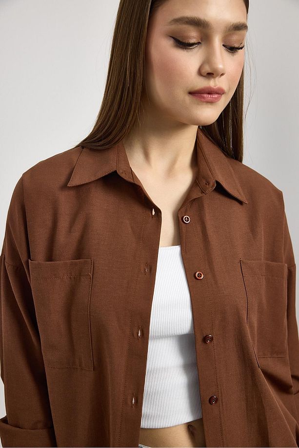 Kahve Çift Cepli Oversize Uzun Basic Gömlek Tcr 6256a - 4