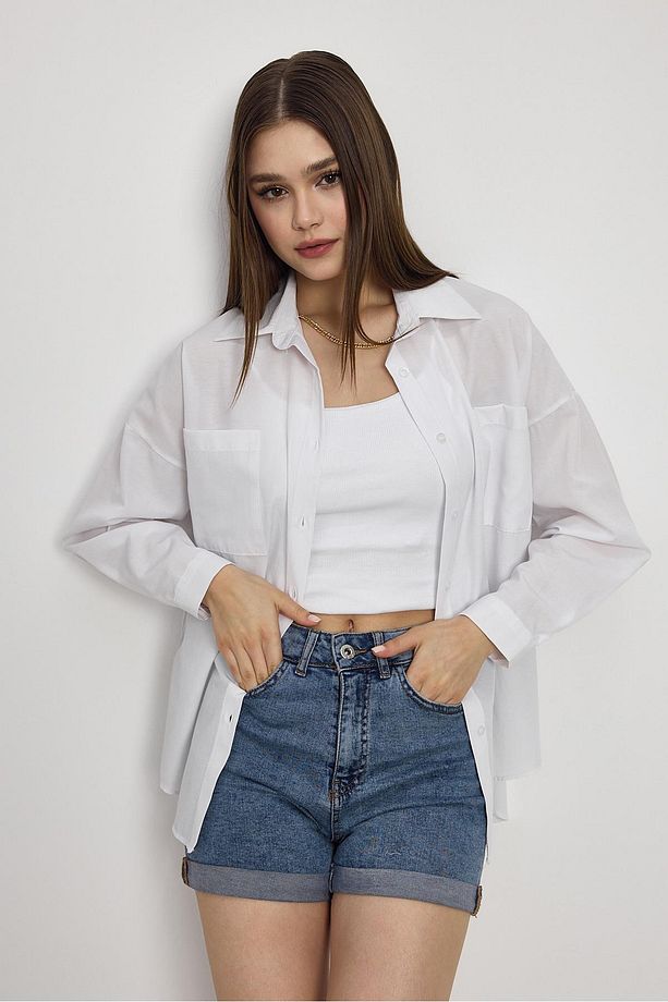Beyaz Çift Cepli Oversize Uzun Basic Gömlek - Tcr-6256a - 2
