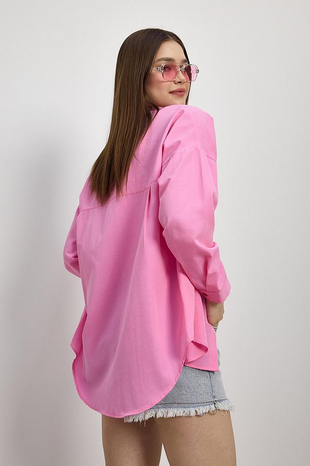 Şeker Pembe Çift Cepli Oversize Uzun Basic Gömlek - Tcr-6256a - 3