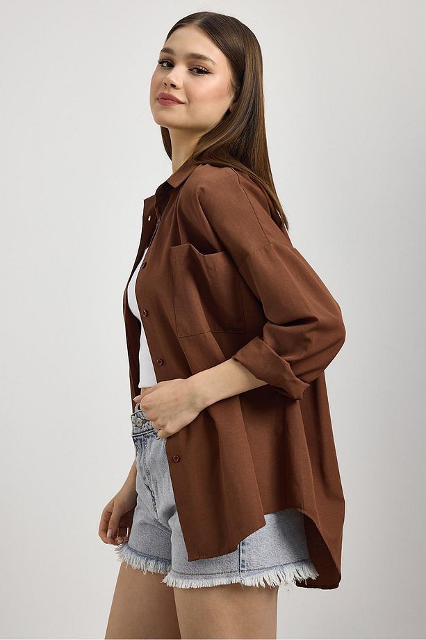 Kahve Çift Cepli Oversize Uzun Basic Gömlek Tcr 6256a - 6