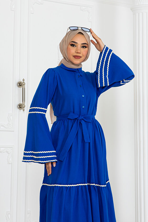 Biyeli Elbise Saks Mavisi 2035 - 3