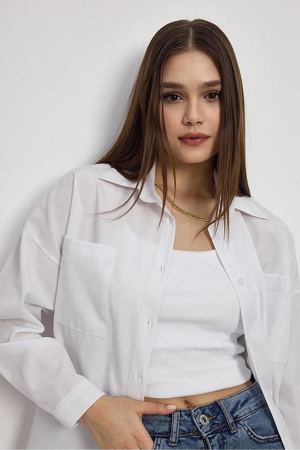 Beyaz Çift Cepli Oversize Uzun Basic Gömlek - Tcr-6256a - 4
