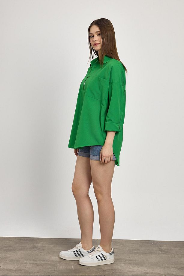 Benetton Yeşili Çift Cepli Oversize Uzun Basic Gömlek - Tcr-6256a - 7