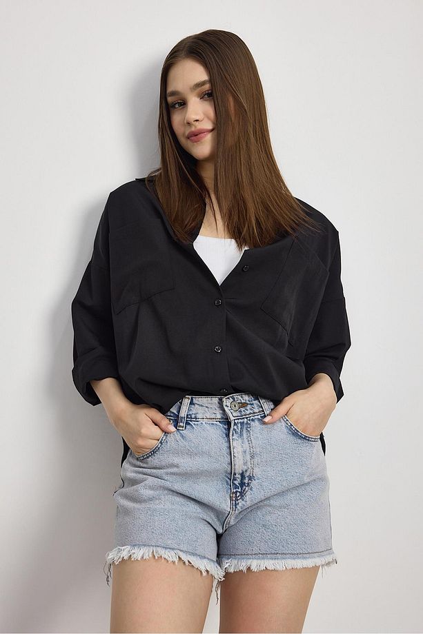 Siyah Çift Cepli Oversize Uzun Basic Gömlek - Tcr-6256a - 3
