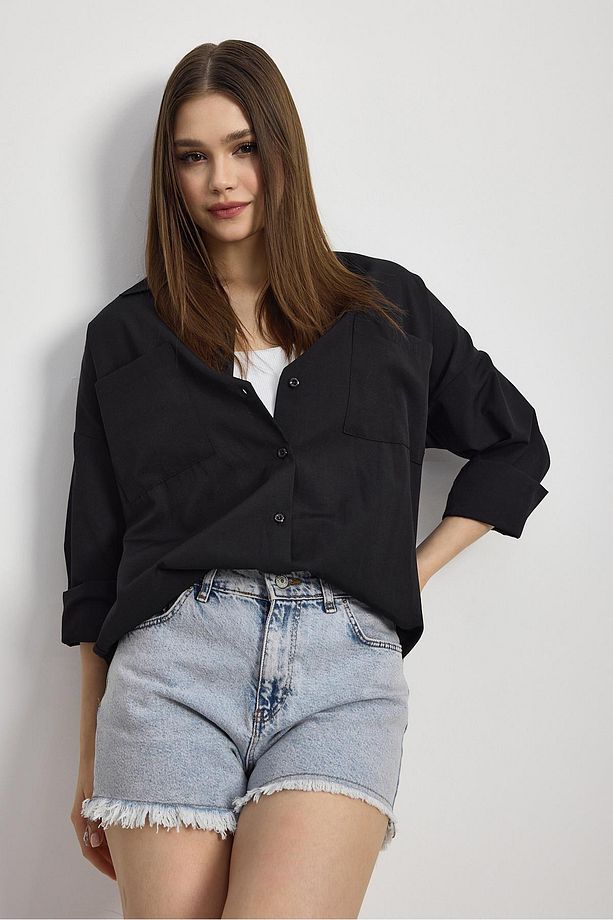 Siyah Çift Cepli Oversize Uzun Basic Gömlek - Tcr-6256a - 7