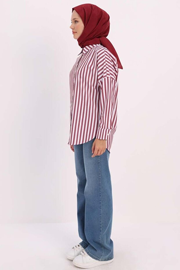 Bordo-Beyaz-Oversize Basic Gömlek - 3