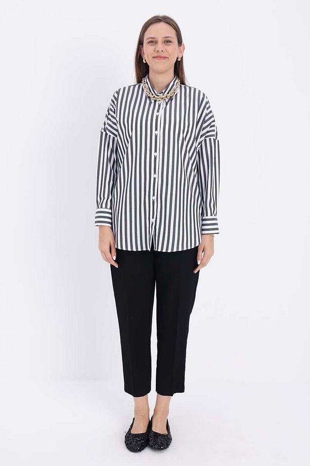 Beyaz-Siyah-Oversize Basic Gömlek - 2