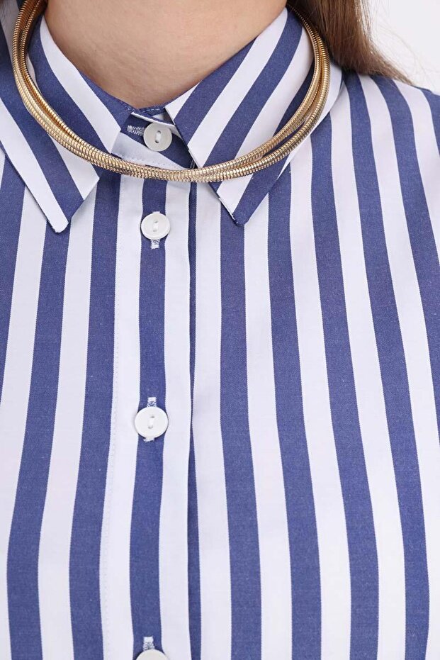 Beyaz-Lacivert-Oversize Basic Gömlek - 5