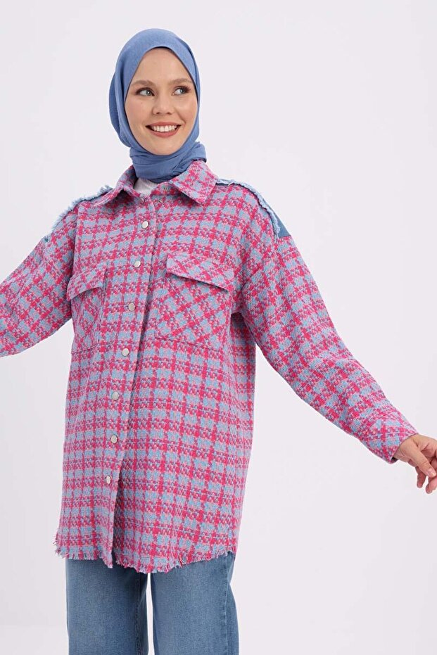 Pink-Blue-Denim Garnished Tweed Shirt Tunic