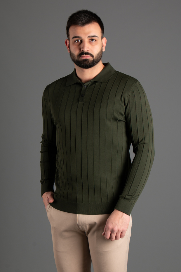 Intelligent Exclusive Men's Khaki Textured Striped Polo Trick Sweater
