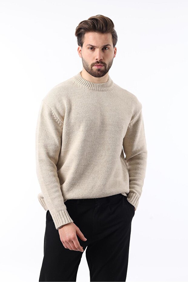 Beige Crew Neck Overfit Men's Knitwear Sweater E7402