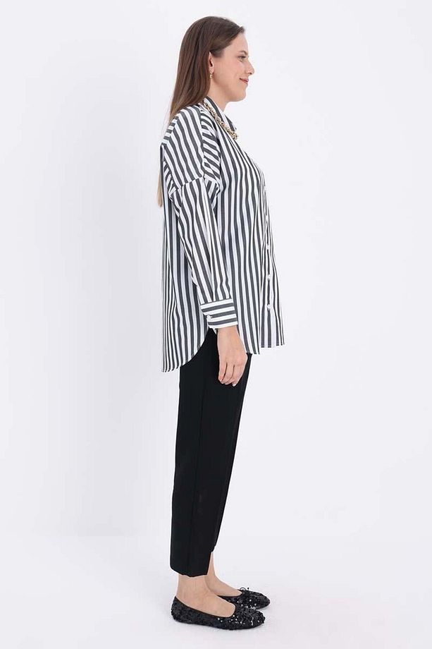 Beyaz-Siyah-Oversize Basic Gömlek - 3