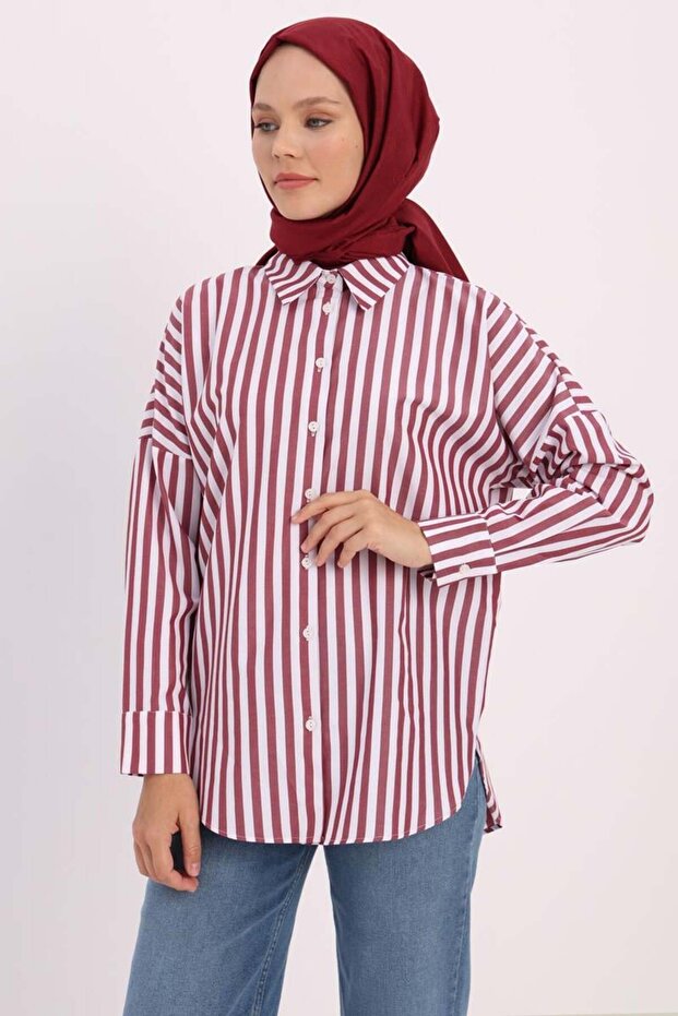 Bordo-Beyaz-Oversize Basic Gömlek - 1