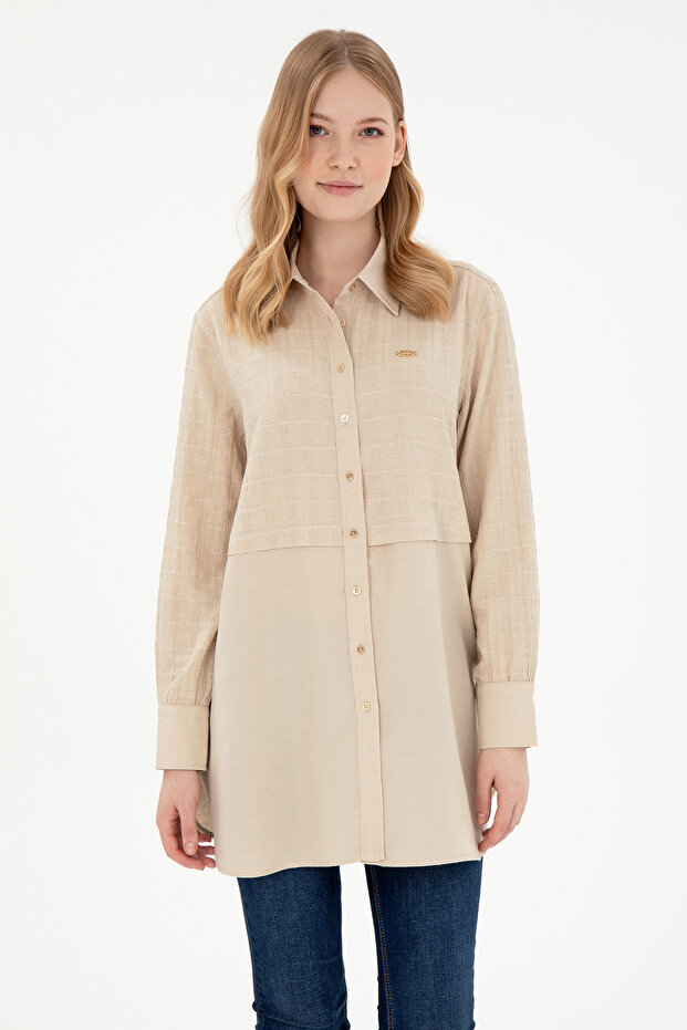 Women's Sand Long Sleeve Linen Blend Tunic Shirt 50290025-Vr085