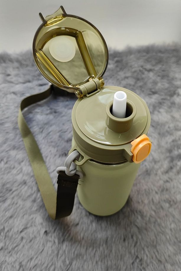 304 L Çelik Yeşil 600 ml Askılı ve Pipetli Matara Suluk cin411ys - 3