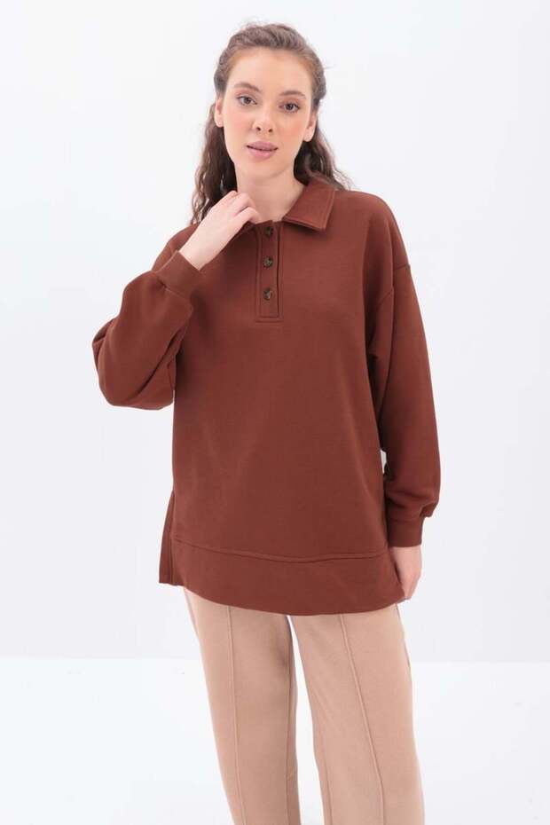 Coffee-Sweat Tunic with Side Zip Collar