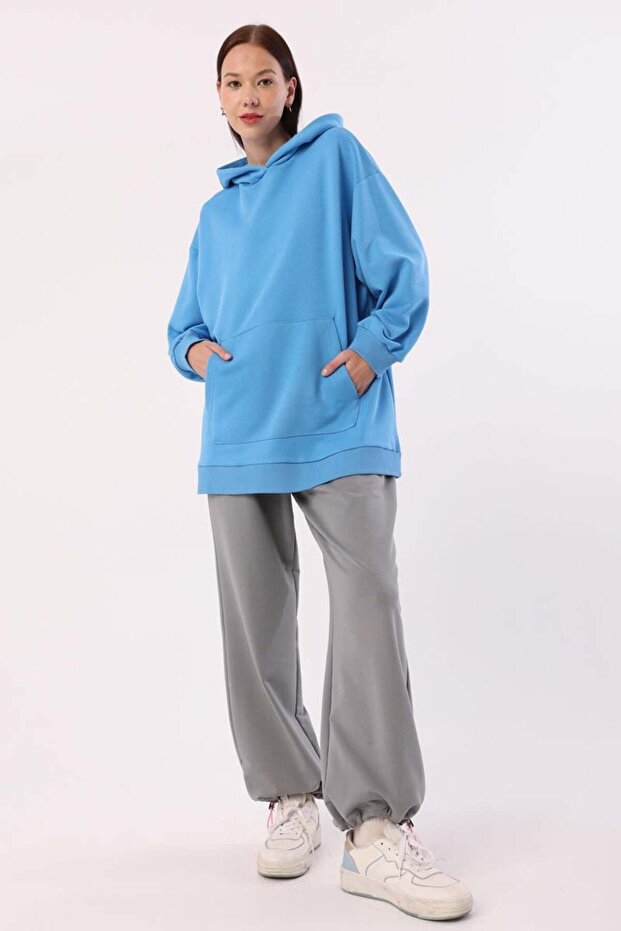 Mavi Kanguru Cepli Oversize Sweatshirt - 1