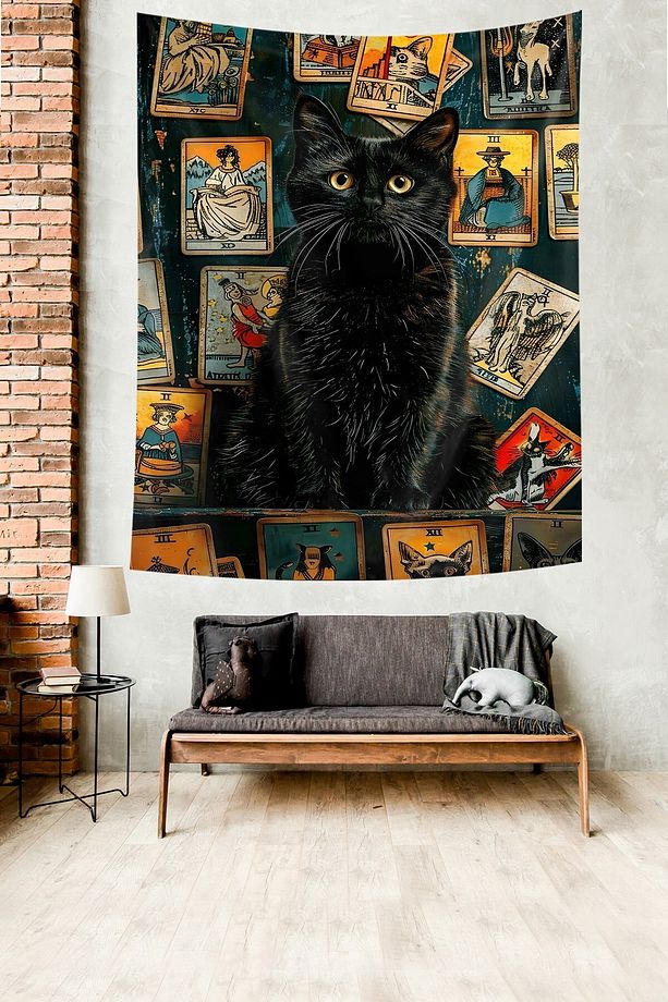 Tarot Kartları ve Sevimli Siyah Kedi Leke Tutmaz Kumaş Duvar Örtüsü Duvar Halısı Tapestry - 2