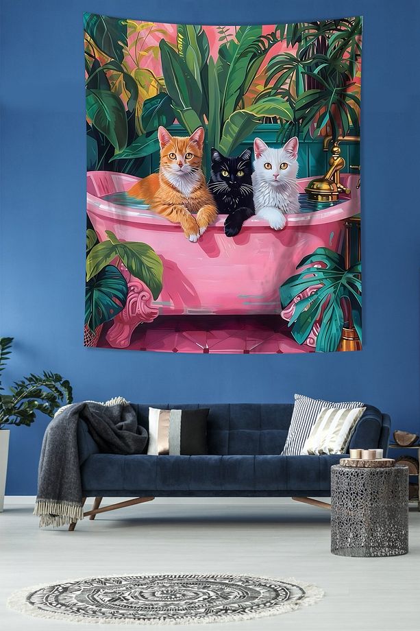 Pembe Küvetteki Kediler Leke Tutmaz Kumaş Duvar Örtüsü Duvar Halısı Tapestry - 3