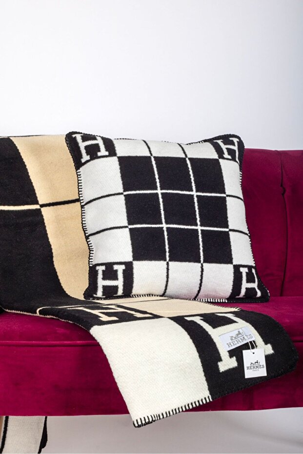 H Logo Black Striped Model Wool & Cotton Blend Throw Pillow Cover
