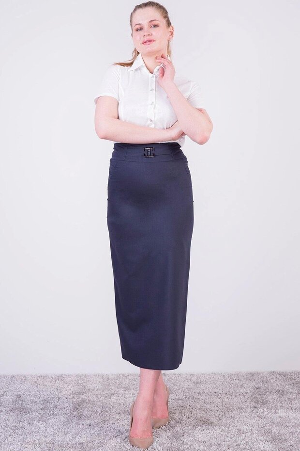 Apsen Women's Navy Blue Seasonal Polyviscon Buckle Detailed Long Pencil Skirt 2092-95