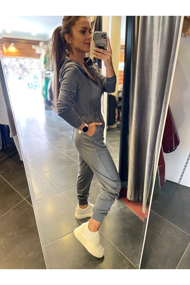 ANTRASİT KAPÜŞONLU FERMUARLI TULUM - 4