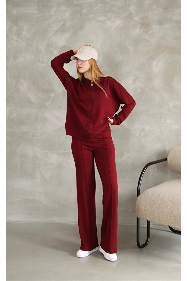Oversized Zippered Grass Detail Wide Leg Modal Fabric Tracksuit Set