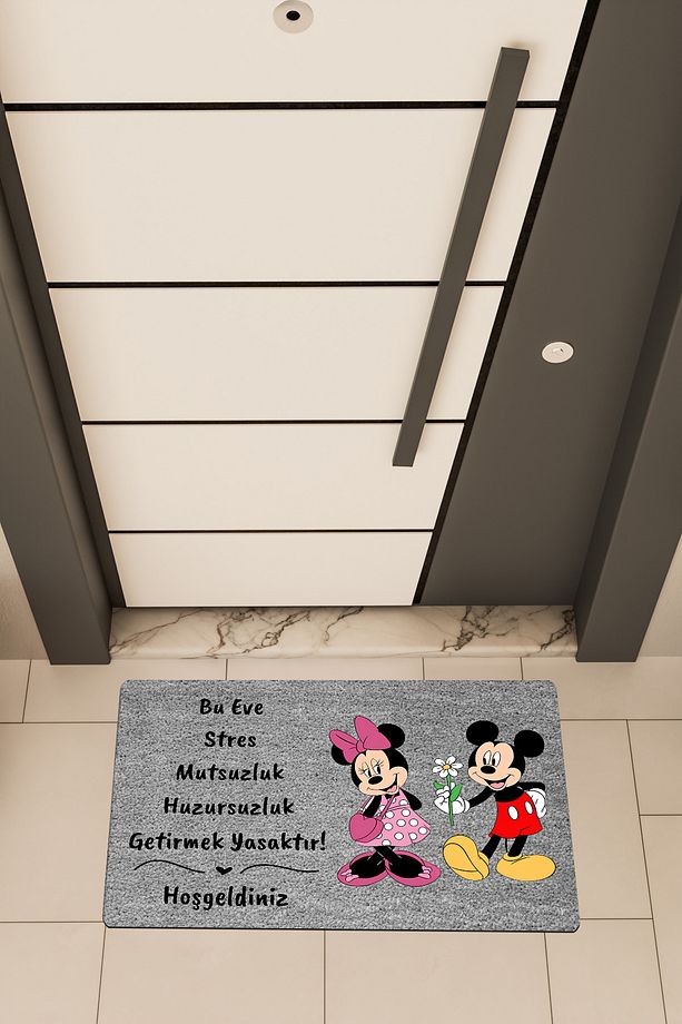 Yüksek Kaliteli Dijital Baskı Gri, Minnie,Mickey temalı Kapı Önü Paspasıı - 1