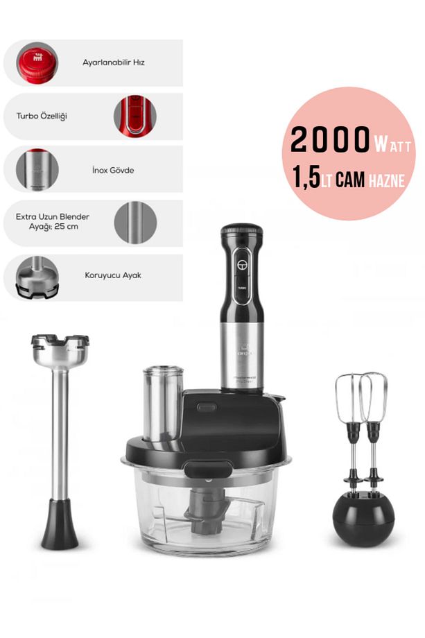 Çırpma, Dilimleme, Doğrama, Blender, Karıştırma 2000W Turbo 1,5LT Cam Hazneli Mutfak Robotu - 1