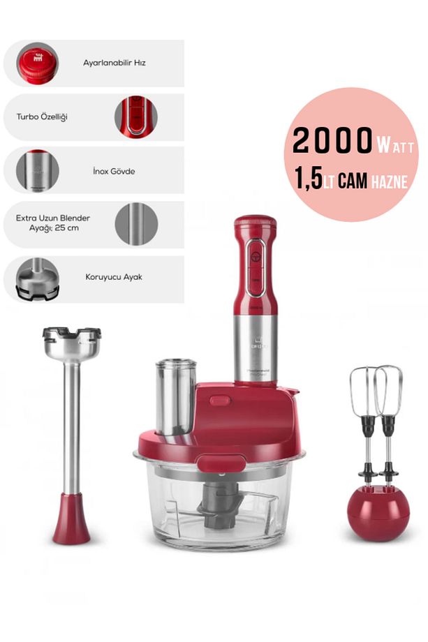 Çırpma, Dilimleme, Doğrama, Blender, Karıştırma 2000W Turbo 1,5LT Cam Hazneli Mutfak Robotu - 1