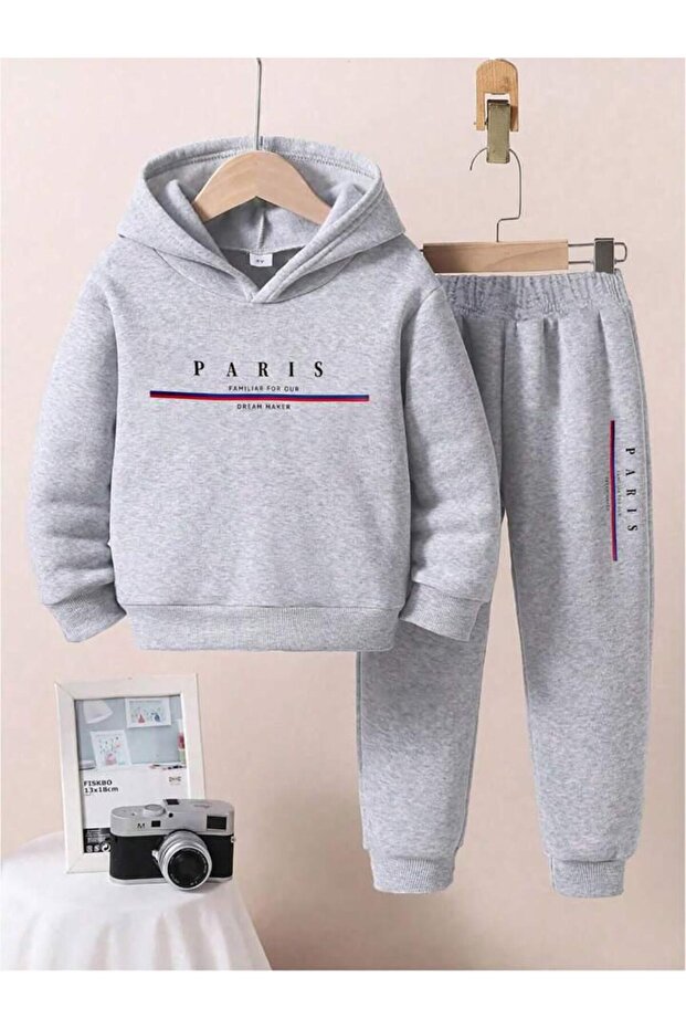 Boy's Gray Paris Printed Hooded Tracksuit Set