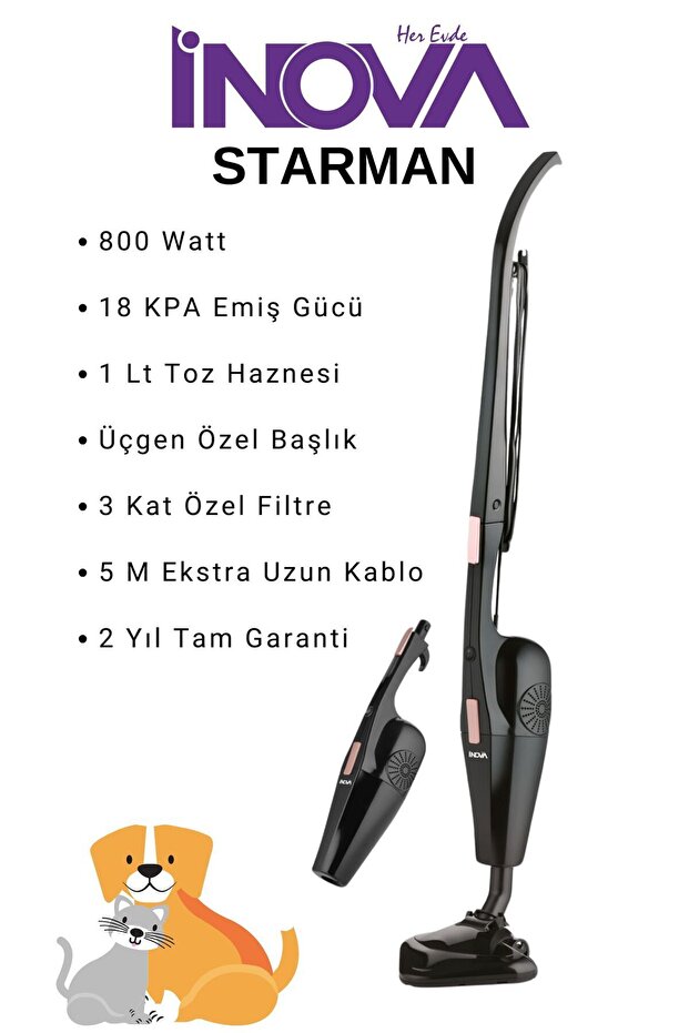 herevdeinova İnova Starman 800w Dikey Süpürge 18kpa Emiş Gücü 1lt Hazne 3 Kat Filtre Evcil Tüy Için