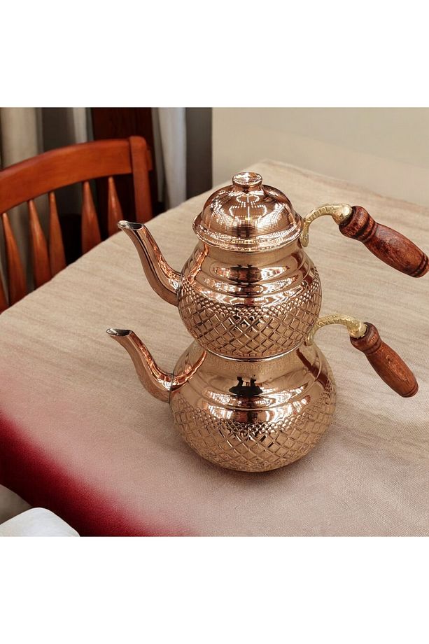 Bakır Çaydanlık & Bakır Demlik Piramit Desenli Çekiç Dövme Nikelli El Yapımı Büyük Boy Çaydanlık - 4
