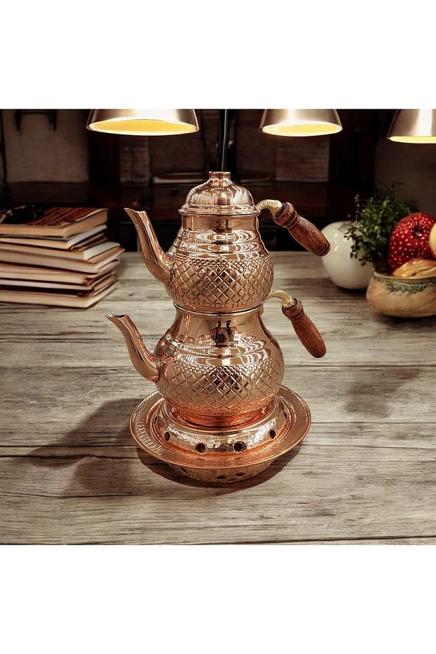 Bakır Çaydanlık & Bakır Demlik Osmanlı Ocaklı Piramit Desenli El Yapımı Büyük Boy Çaydanlık - 3