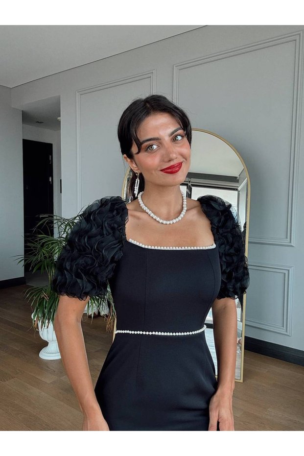 Special Design Pearl Detailed Balloon Sleeve Black Evening Dress Wedding Wedding Dress