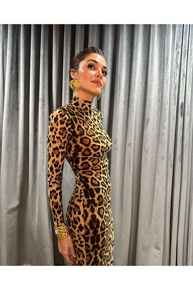Hande Erçel Leopar Desen Balıkçı Yaka Maxi Elbise - 3