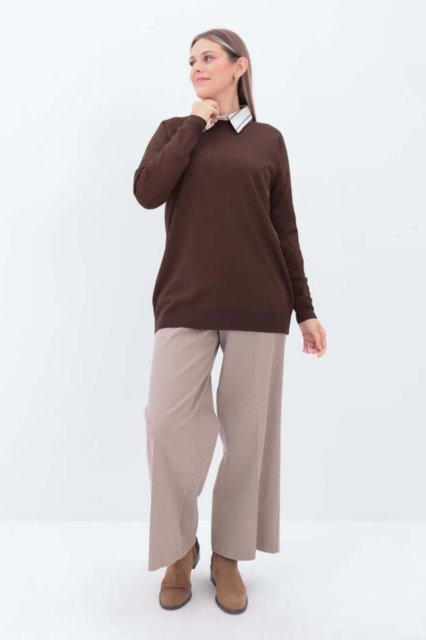 Kahve-BASİC REGLAN BİSİKLET YAKA KAZAK - 1