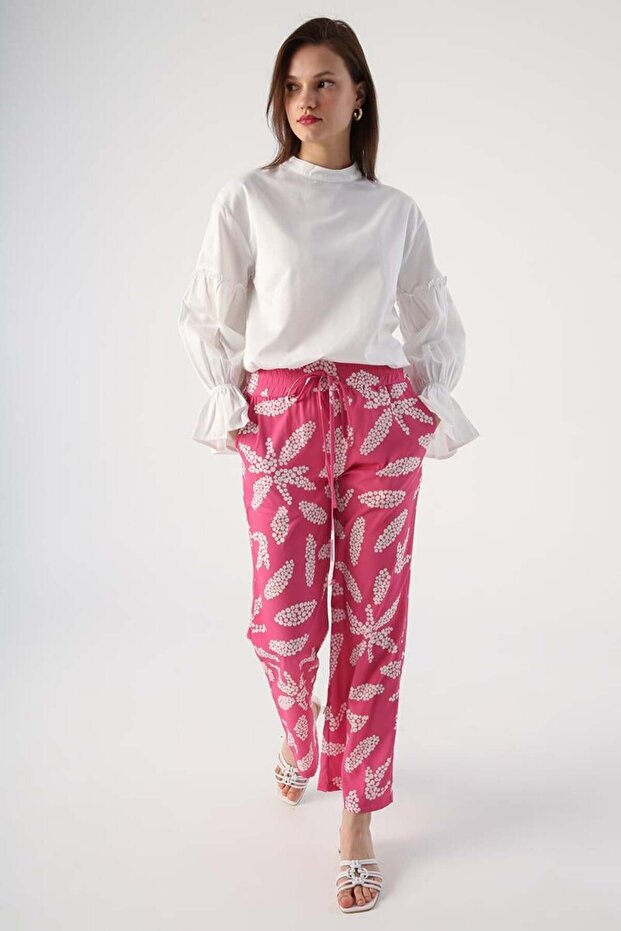 Pink-White Patterned Comfortable Fit Trousers with Elastic Waist