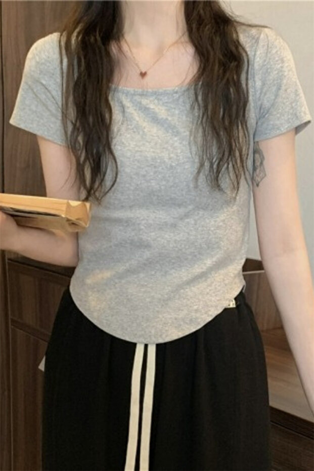 Gray Melange Basic Y2K Short Sleeve Crop